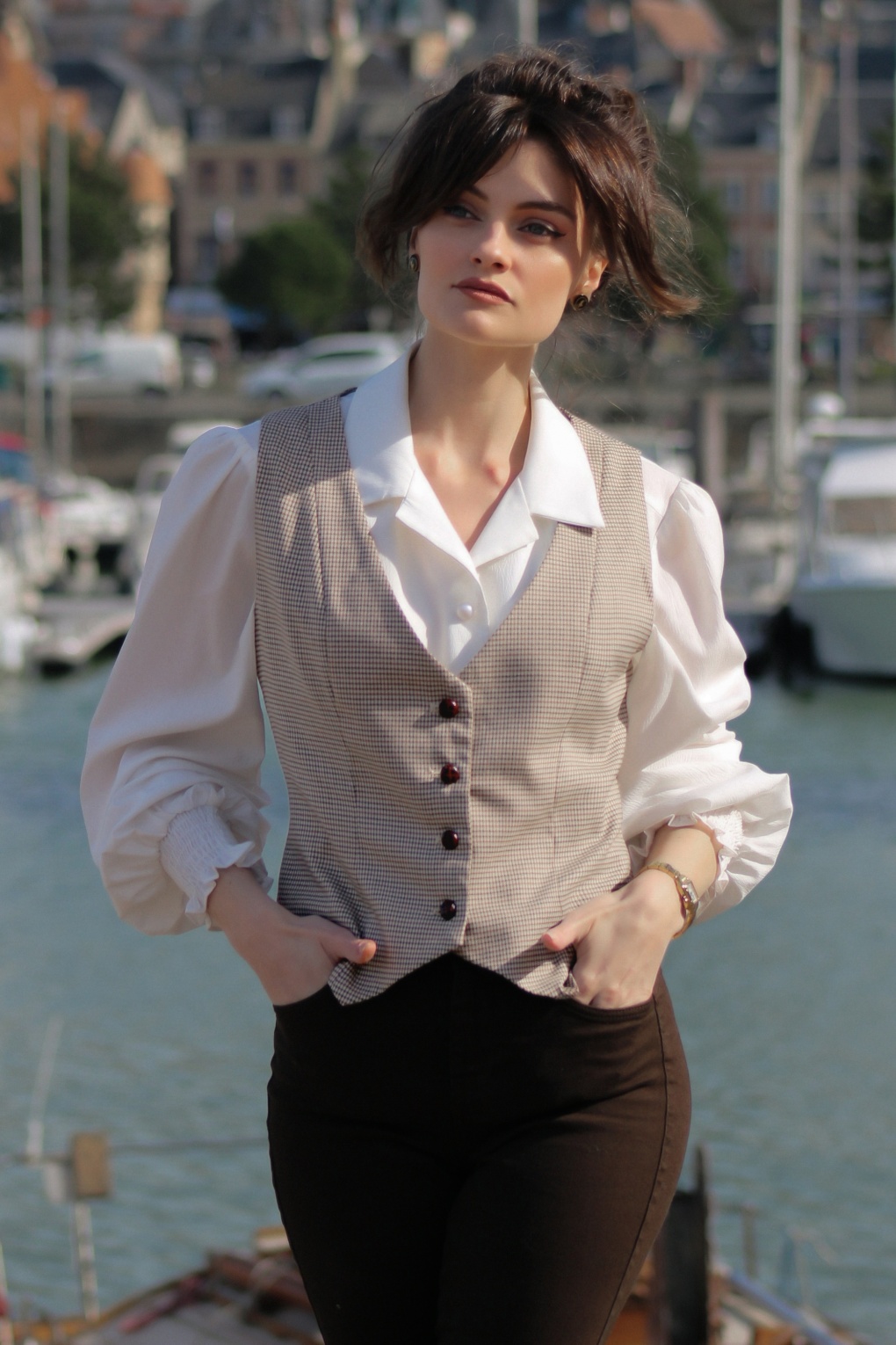 Hallie pied de poule gilet in bruin
