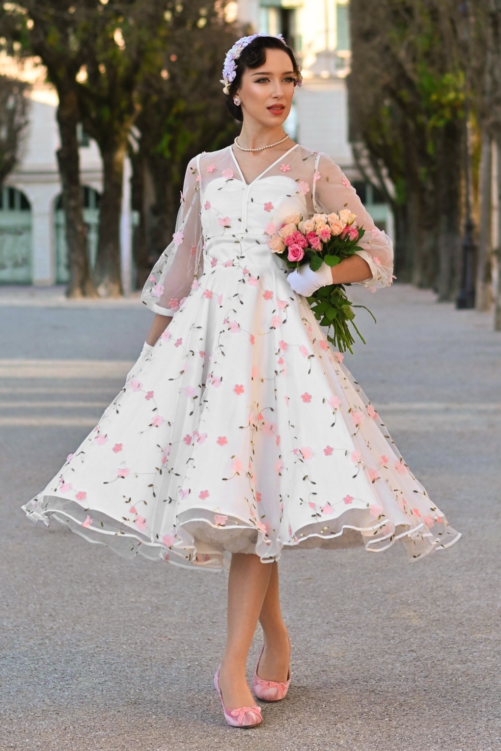 Topvintage exclusive ~ Grace Elizabeth swing jurk met tule in wit