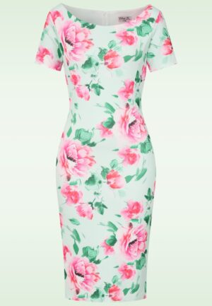 Topvintage exclusive ~ Sweet Peony pencil jurk in mint en roze