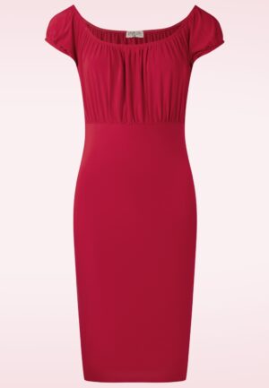 Topvintage exclusive ~ Ivy off-shoulder pencil jurk in rood