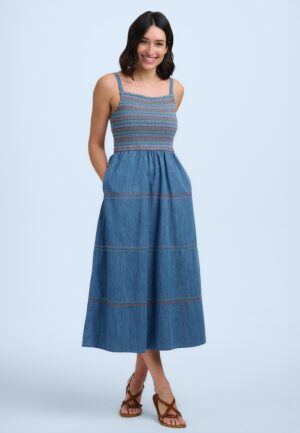 Murren Shirred midi jurk in washed denimblauw