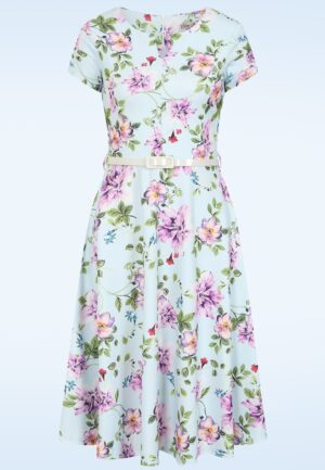 Topvintage Exclusive ~ Rosa floral swing jurk in lichtblauw