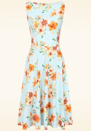 Topvintage Exclusive ~ Cindi Floral swing jurk in lichtblauw en oranje