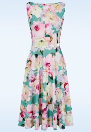 Topvintage Exclusive ~ Cindi Floral swing jurk in turquoise en roze