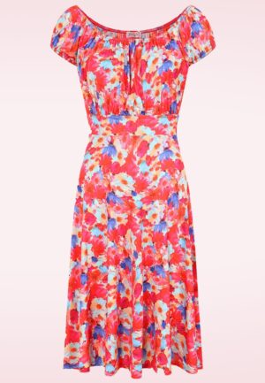 Topvintage exclusive ~ Camille Petal waterverf swing jurk in rood en blauw