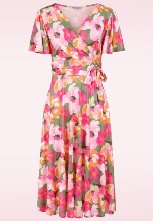 Topvintage exclusive ~ Irene Floral Cross Over swing jurk in kakigroen en roze