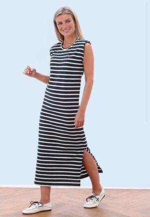 Marina Stripe katoenen maxi jurk in marineblauw en wit
