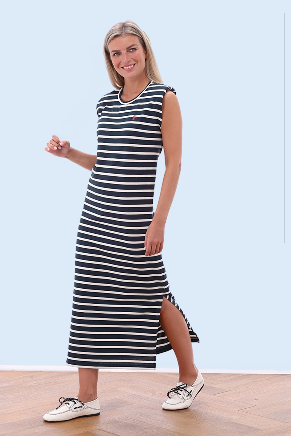 Marina Stripe katoenen maxi jurk in marineblauw en wit