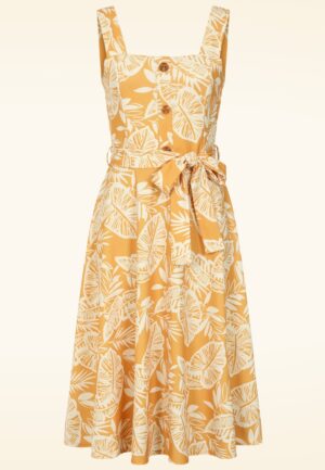 Topvintage exclusive ~ Kiana Tropical swing jurk in mosterdgeel