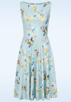 Topvintage Exclusive ~ Cindi Spring Birds swing jurk in lichtblauw