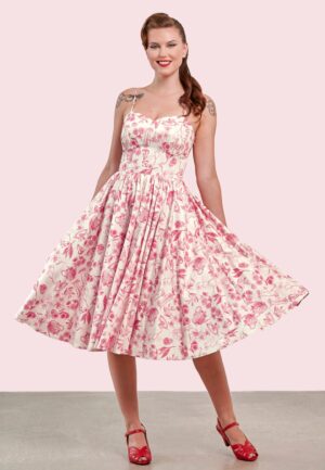 Jeanie Tea Garden swing jurk in crème en rood