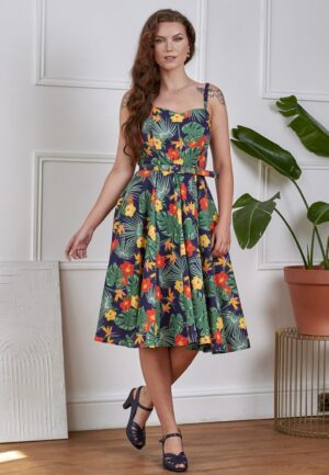 Morena Tropical Summer swing jurk in marineblauw en multi