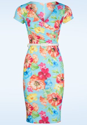 Topvintage exclusive ~ Abigail Tropical pencil jurk in lichtblauw en multi