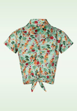 Tiki Dancer Cropped Hawaii blouse in licht turquoise