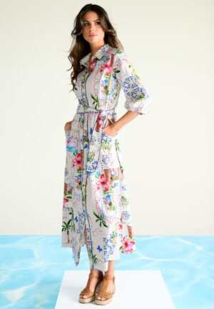 Amalfi Dream katoenen maxi jurk in wit en multi