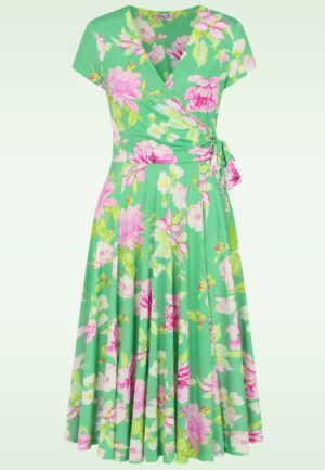 Topvintage exclusive ~ Layla floral cross over jurk in groen en multi