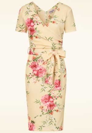 Topvintage exclusive ~ Evie Floral jacquard pencil jurk in botergeel