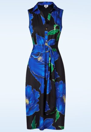 Elena flower midi jurk in zwart en blauw