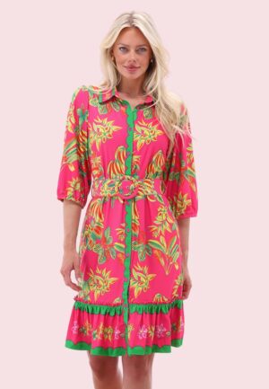 Tropicana Paradise a-lijn jurk in neonroze en multi