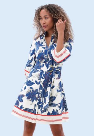 Heritage Bloom katoenen a-lijn jurk in wit en blauw