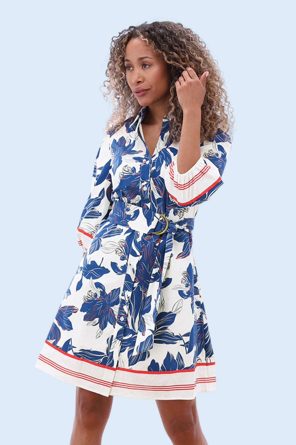 Heritage Bloom katoenen a-lijn jurk in wit en blauw