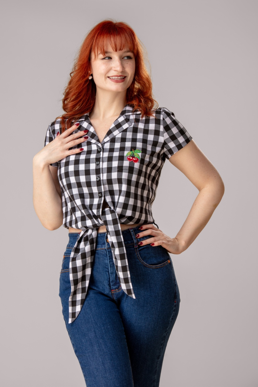 Topvintage exclusive ~ Roxy check blouse in zwart en wit