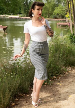 Topvintage exclusive ~ Loreen Bengaline Striped Pencil rok in denim en wit