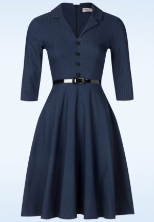 Topvintage exclusive ~ Arinde Pinstipe swing jurk in marineblauw