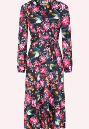 Topvintage exclusive ~ Birdy Floral slinky midi jurk in zwart