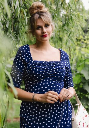 Topvintage exclusive ~ Lilibet Polkadot pencil jurk in navy