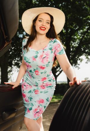Topvintage exclusive ~ Sweet Peony pencil jurk in mint en roze