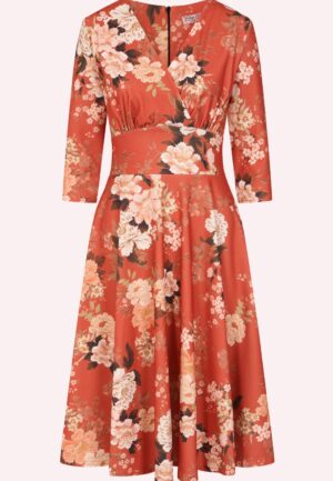 Topvintage exclusive ~ Caroline Oriental Floral swing jurk in roestoranje
